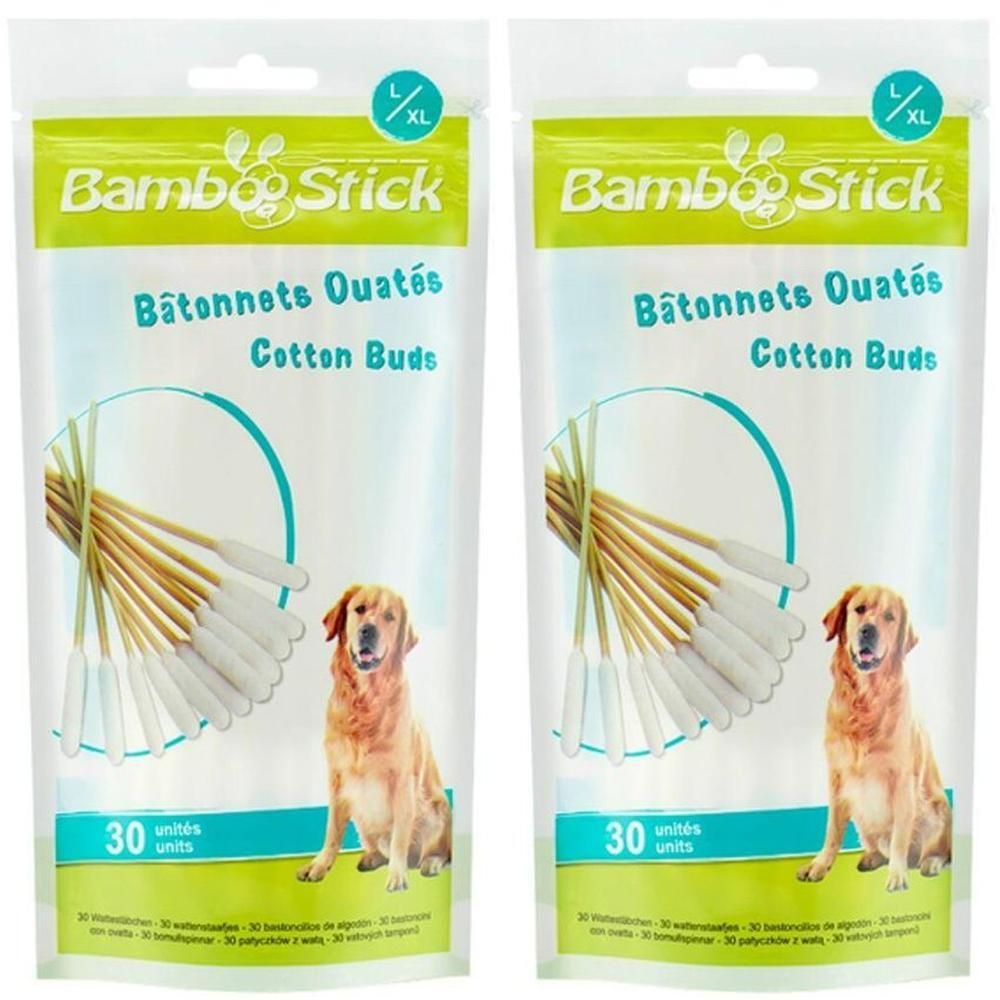 Zwei Packungen Bambus-Wattestäbchen für Hunde, Größe L/XL, je 30 Stück.