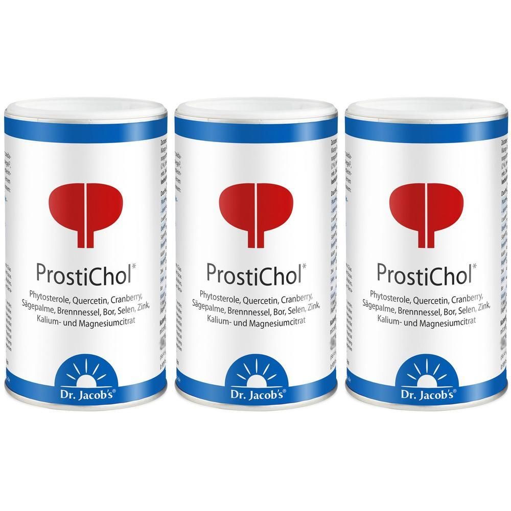 Drei Dosen Dr. Jacob's ProstiChol Pulver mit Phytosterolen, Quercetin, Cranberry, Sägepalme, Brennnessel, Selen, Zink, Kalium und Magnesiumcitrat.