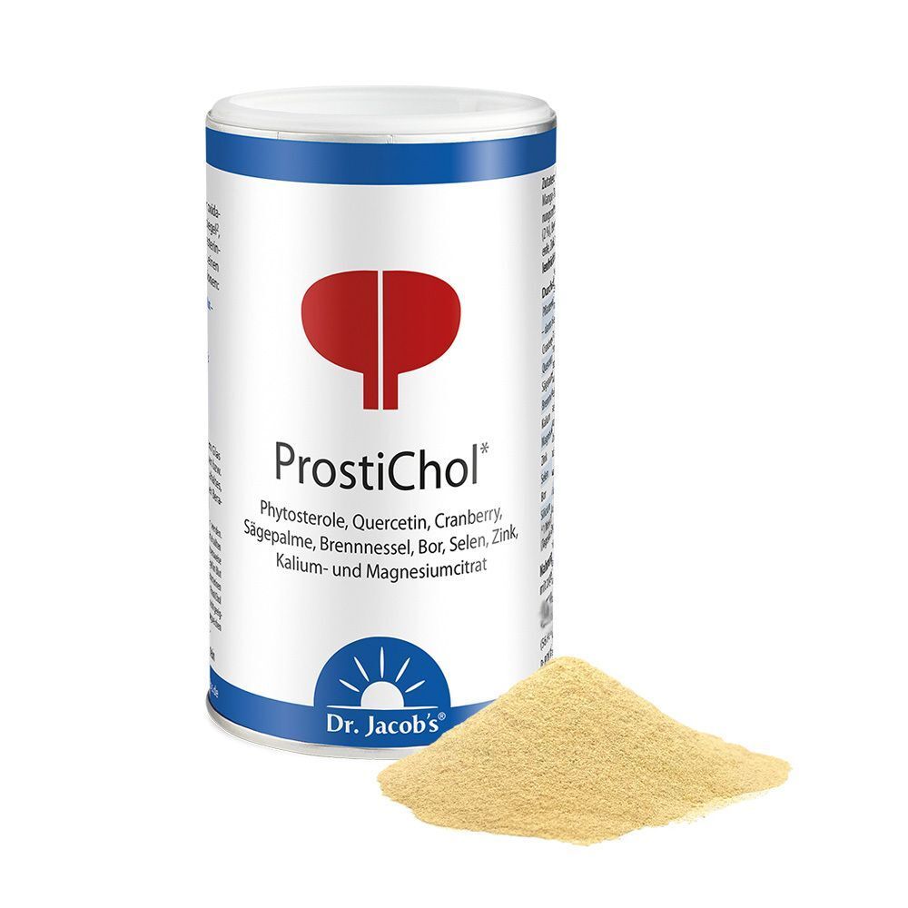 Eine Dose Dr. Jacob's ProstiChol Pulver und eine Portion des Pulvers daneben. Enthält Phytosterole, Quercetin, Cranberry, Sägepalme, Brennnessel, Selen, Zink, Kalium und Magnesiumcitrat.