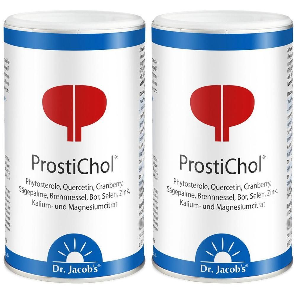Zwei Dosen ProstiChol Pulver mit Phytosterolen, Quercetin, Cranberry, Brennnessel, Bor, Selen, Kalium und Magnesiumcitrat.