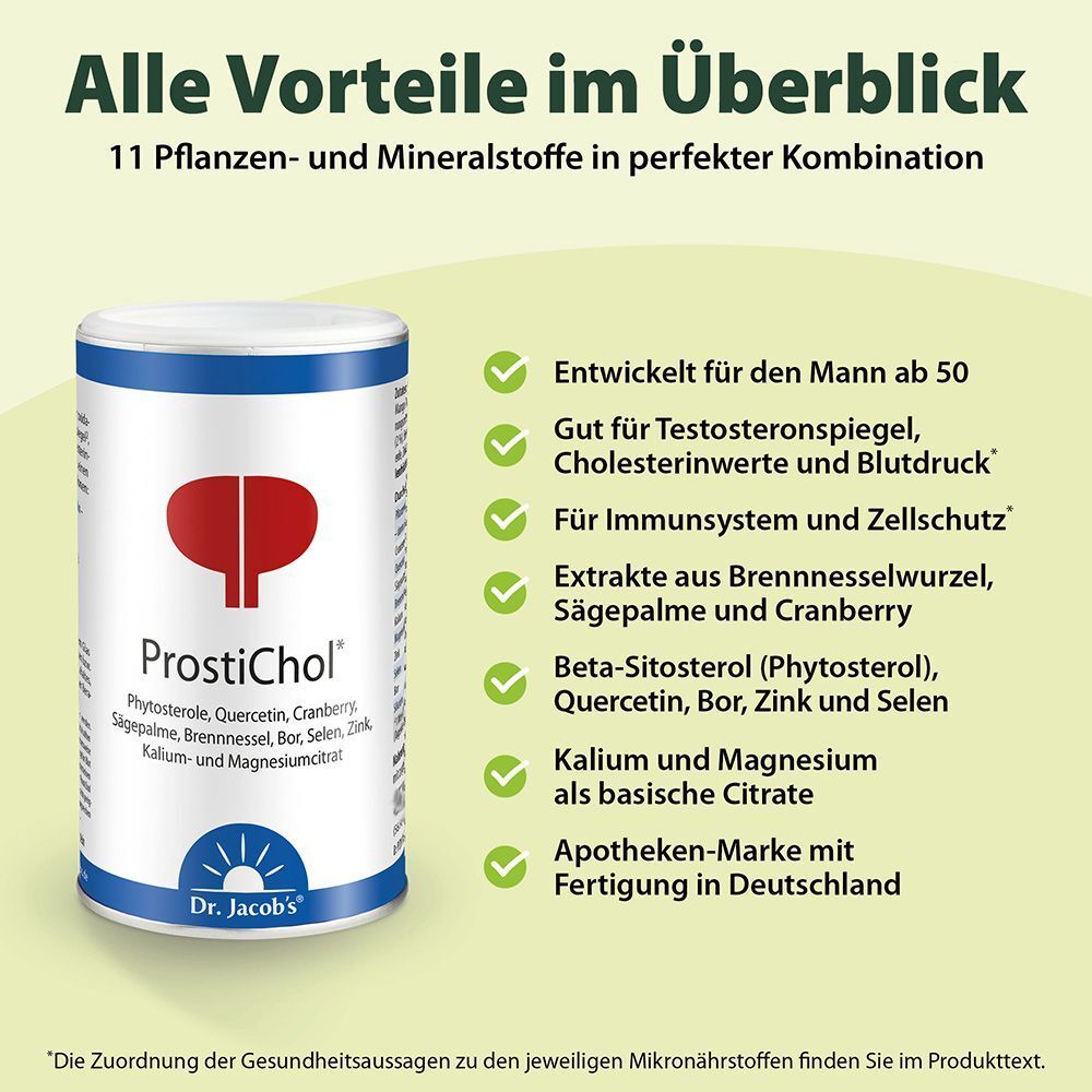 Dose ProstiChol Pulver mit Auflistung der Vorteile: 11 Pflanzen- und Mineralstoffe, gut für Testosteronspiegel, Cholesterin, Blutdruck.