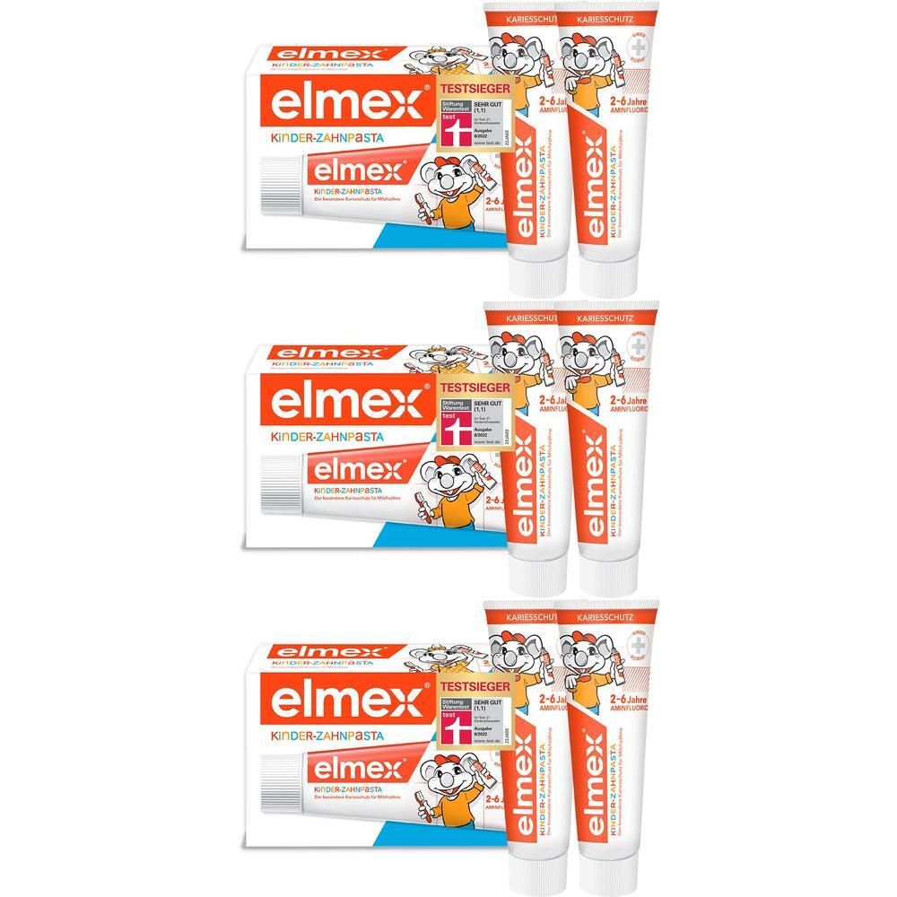 Drei Packungen Elmex Kinder-Zahnpasta mit je zwei Tuben.