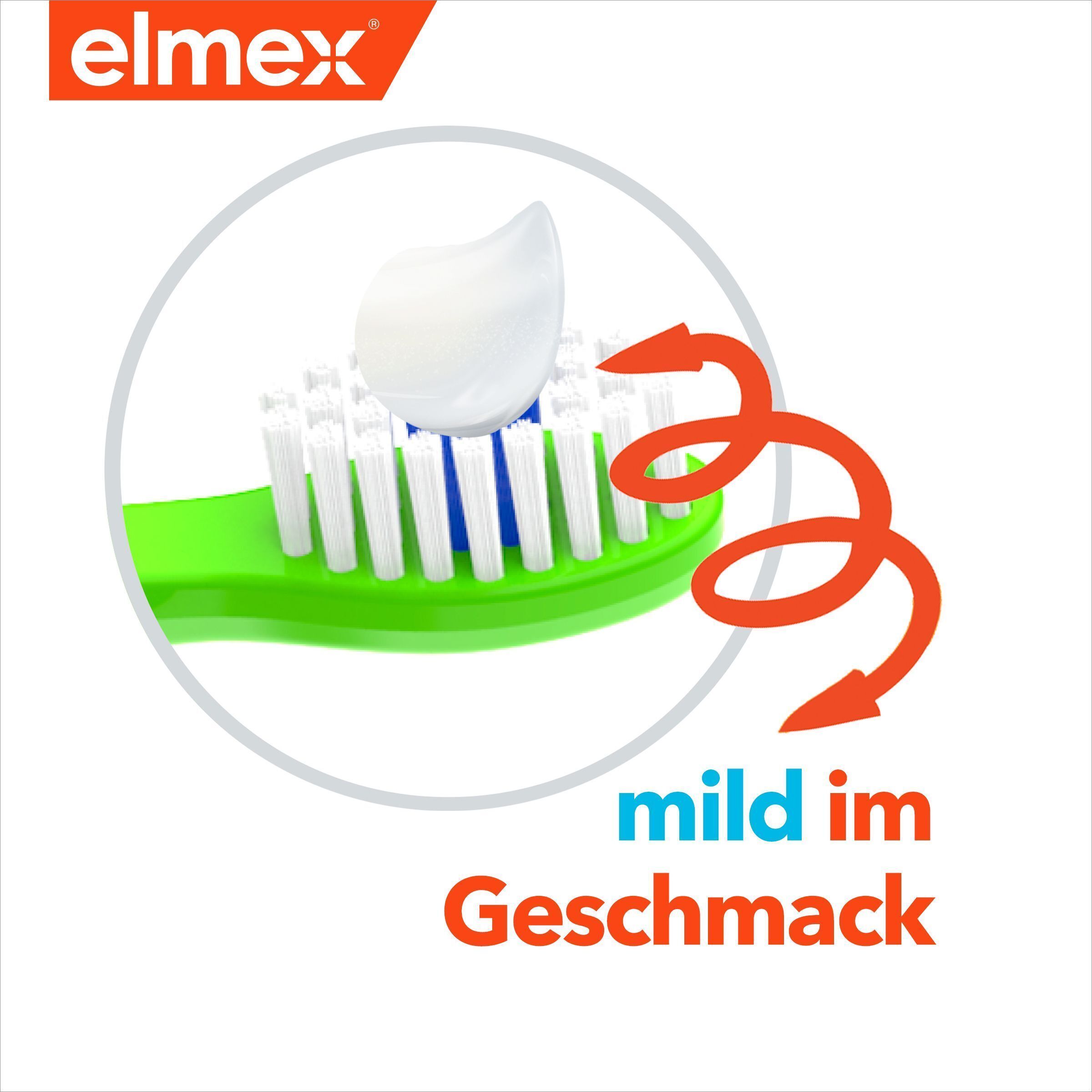 Zahnbürste mit Elmex Kinder-Zahnpasta, mild im Geschmack.