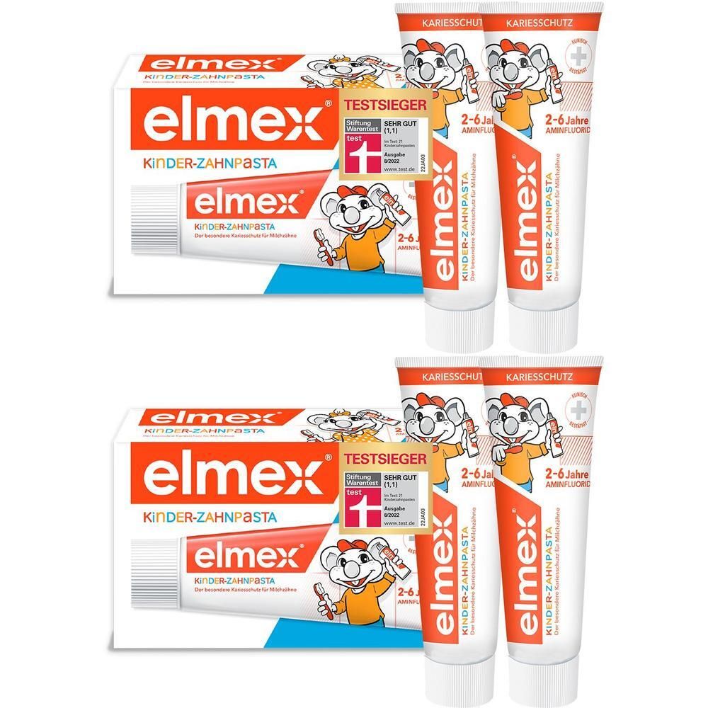 Zwei Packungen Elmex Kinder-Zahnpasta mit je zwei Tuben. Die Verpackung zeigt eine Maus als Maskottchen.