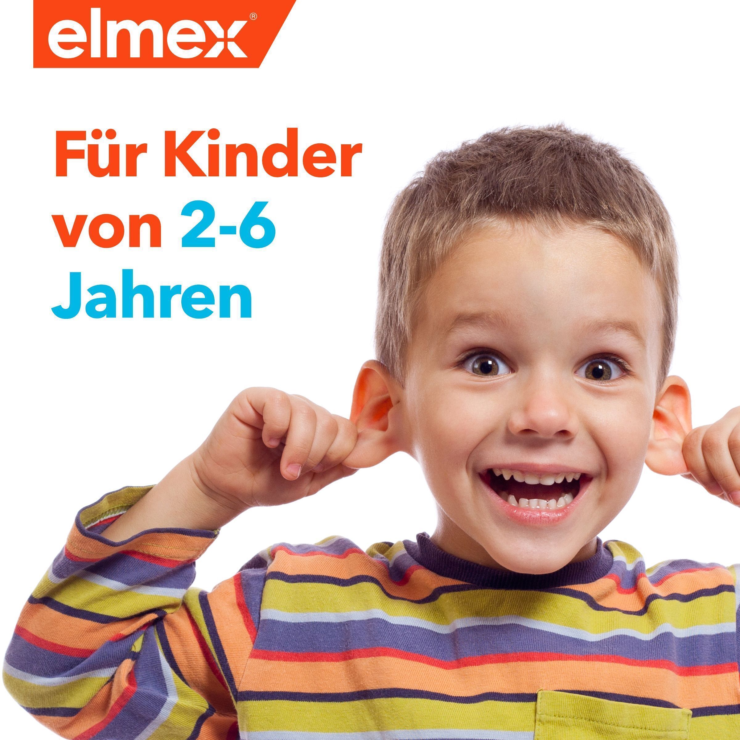 Ein lächelnder Junge mit weit aufgerissenen Augen und Ohren, der für Elmex Kinder-Zahnpasta wirbt.