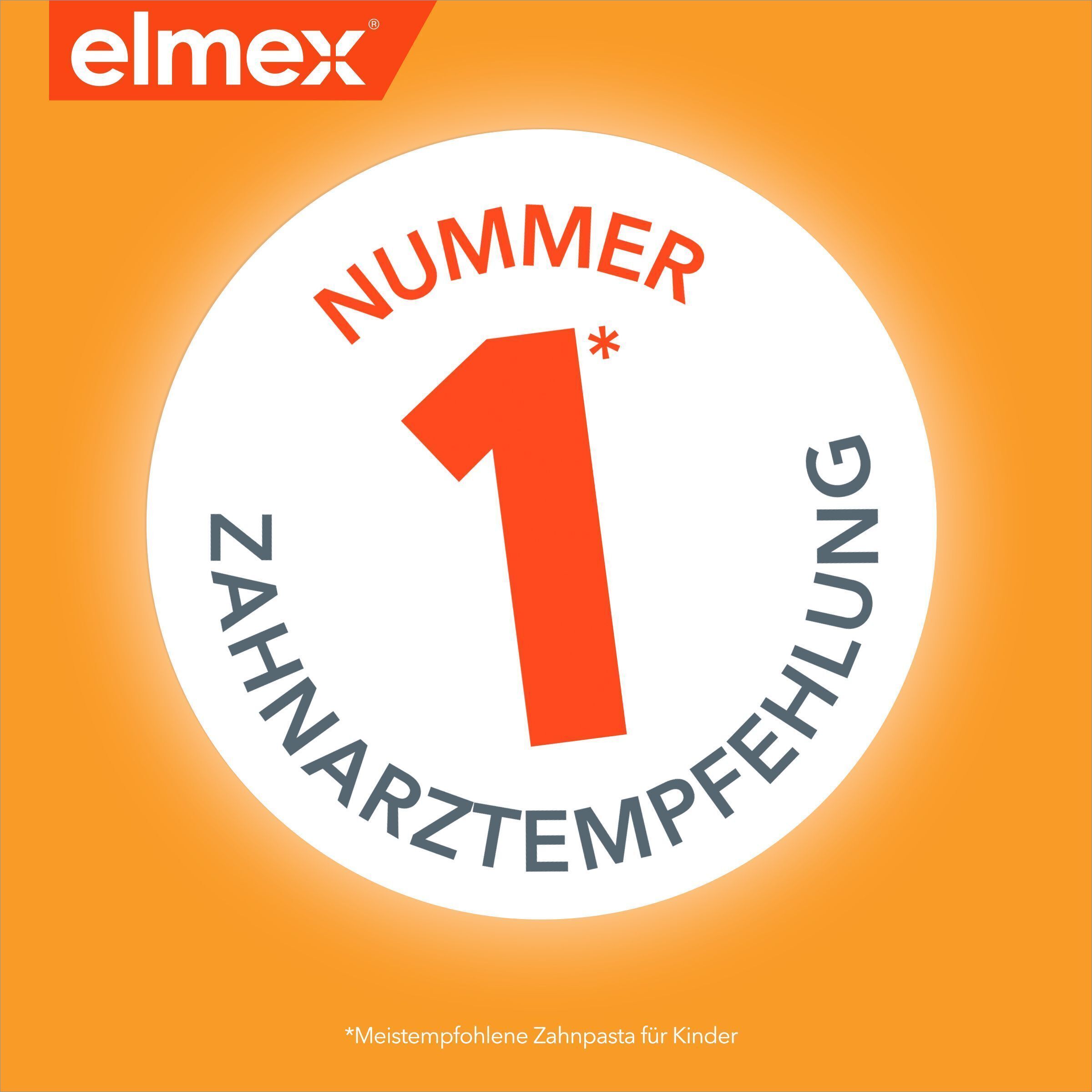 Ein Kreis mit der Aufschrift "Nummer 1 Zahnarztempfehlung" für Elmex Kinder-Zahnpasta.
