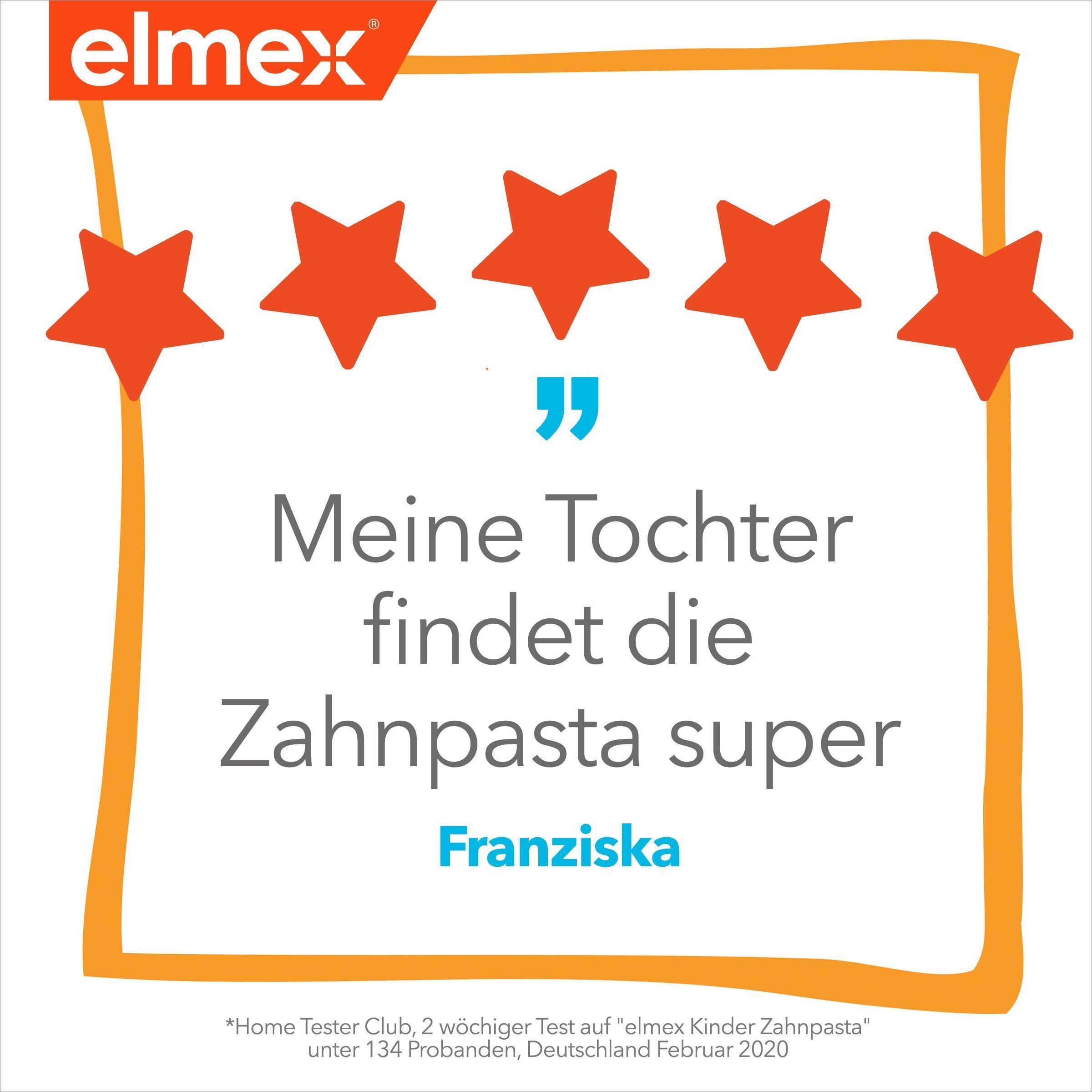 Fünf Sterne über einer Kundenbewertung für Elmex Kinder-Zahnpasta: "Meine Tochter findet die Zahnpasta super".