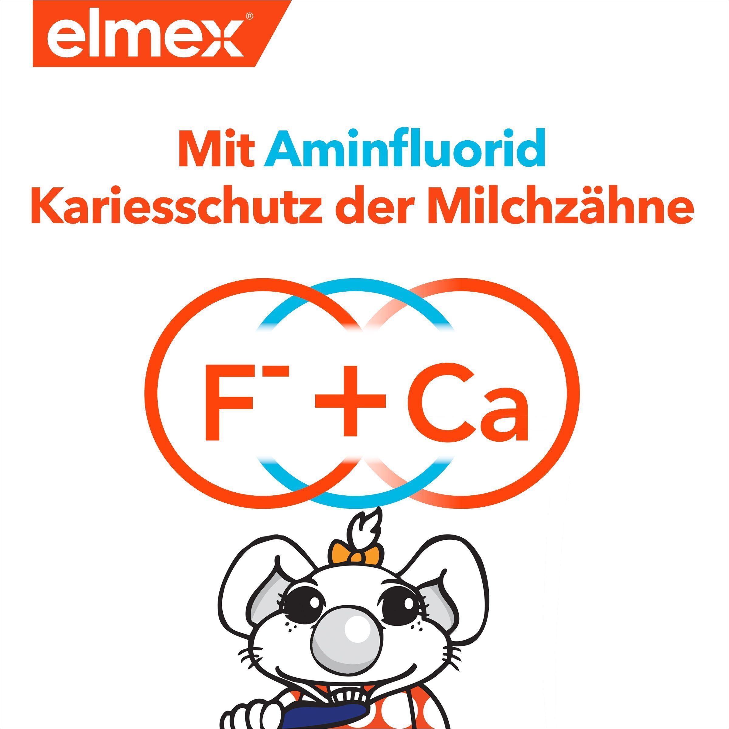 Elmex Kinder-Zahnpasta mit Aminfluorid zum Kariesschutz der Milchzähne. F- und Ca-Ionen werden gezeigt.
