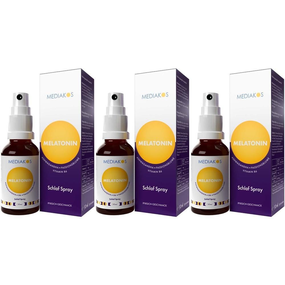 Drei Mediakos Melatonin Ashwagandha Schlaf Sprays in ihren Verpackungen.