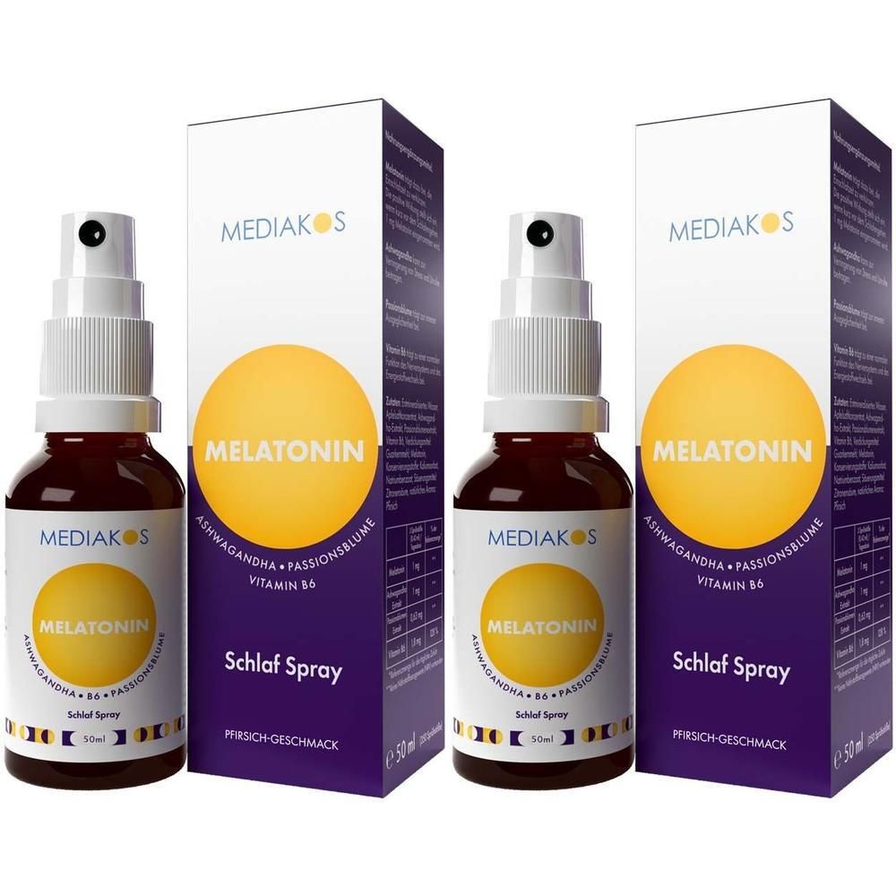 Zwei Mediakos Melatonin Ashwagandha Schlaf Sprays mit Verpackung. Braune Sprühflaschen mit gelbem Etikett und lila Kartons.