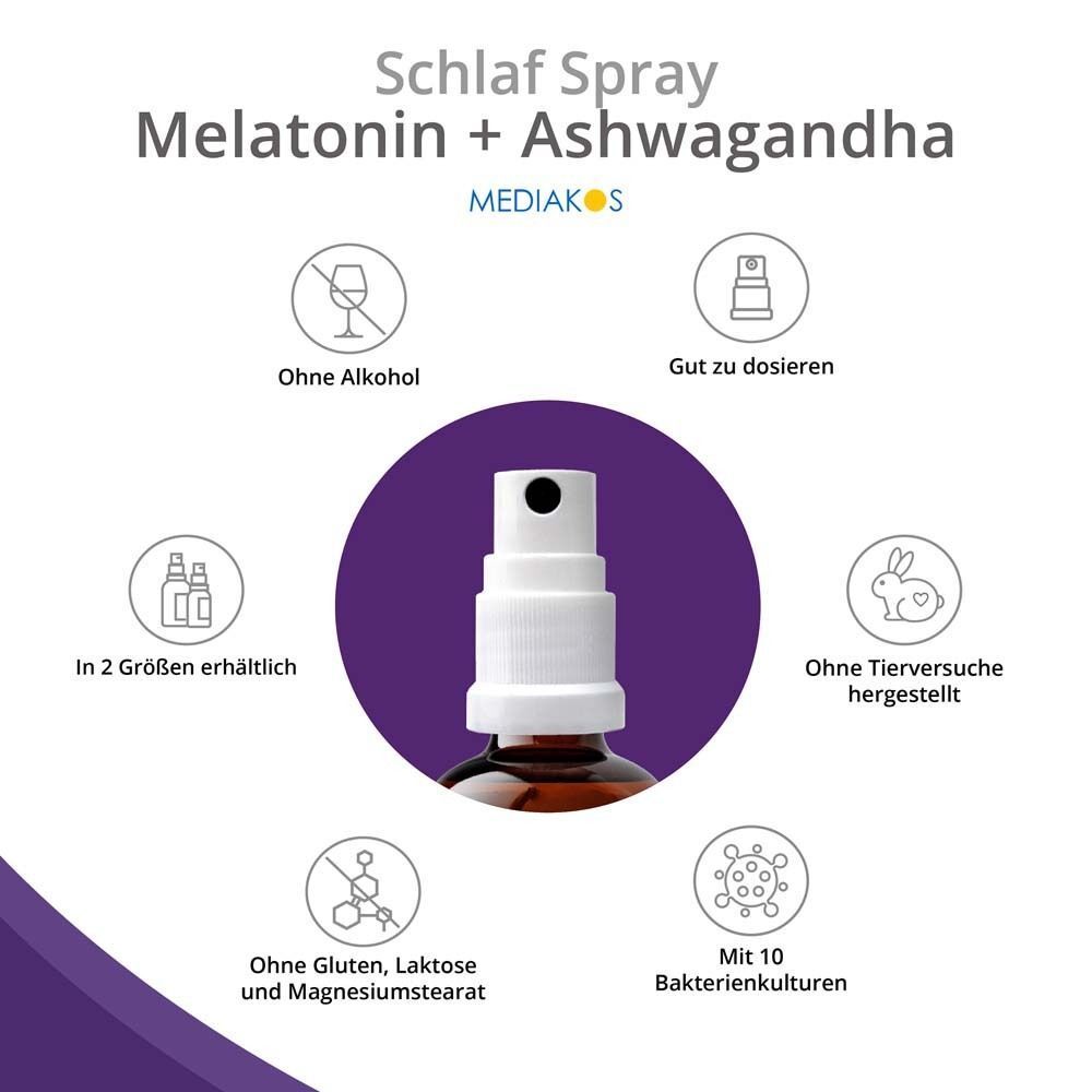 Mediakos Melatonin Ashwagandha Schlaf Spray mit Icons: Ohne Alkohol, gut dosierbar, ohne Tierversuche, mit 10 Bakterienkulturen, ohne Gluten/Laktose.