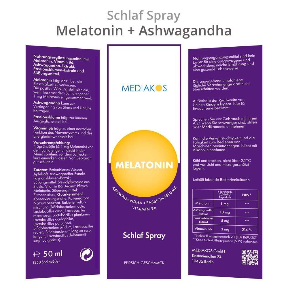 Rückseite der Mediakos Melatonin Ashwagandha Schlaf Spray Verpackung mit Nährwertangaben und Anwendungshinweisen.