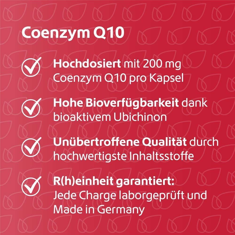 Coenzym Q10 hochdosiert mit 200 mg pro Kapsel, hohe Bioverfügbarkeit, laborgeprüft.