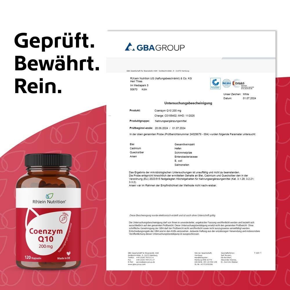 Flasche Coenzym Q10 200 mg und Prüfbericht von GBA GROUP.