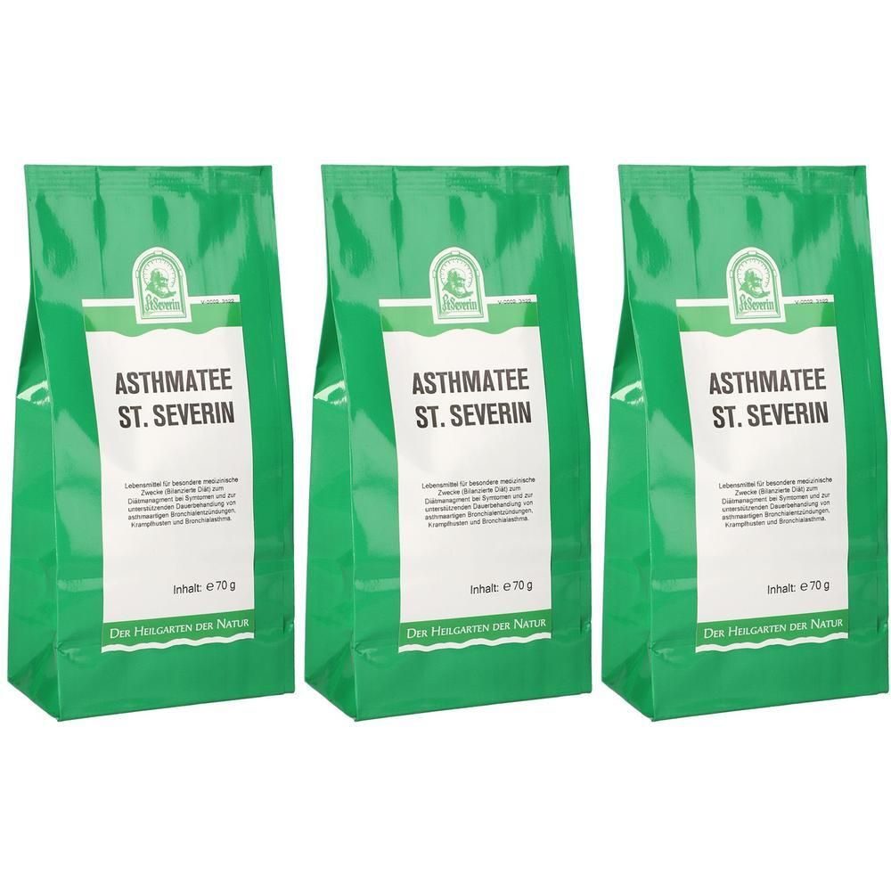 Drei grüne Beutel Asthmatee St. Severin, jeweils 70g Inhalt. Vorderseite mit Produktinformationen.