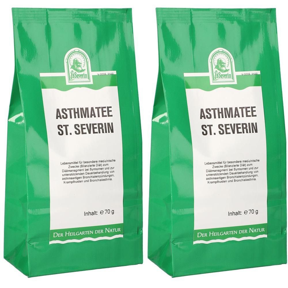 Zwei grüne Beutel "Asthmatee St. Severin" mit je 70g Inhalt. Vorderseite mit Produktinformationen.