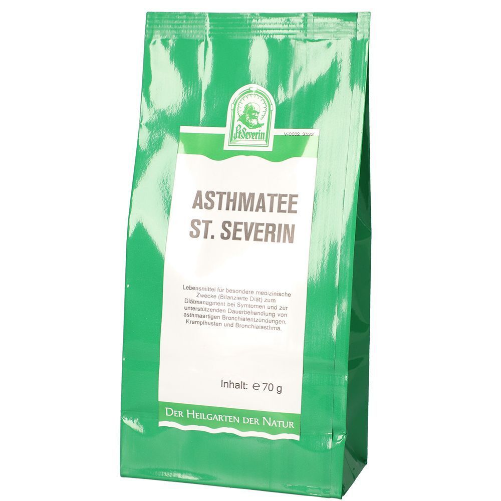 Grüner Beutel "Asthmatee St. Severin" mit 70g Inhalt. Vorderseite mit Produktinformationen.