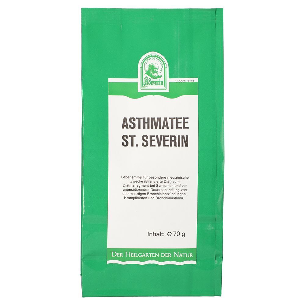 Grüner Beutel "Asthmatee St. Severin" mit 70g Inhalt. Vorderseite mit Produktinformationen.
