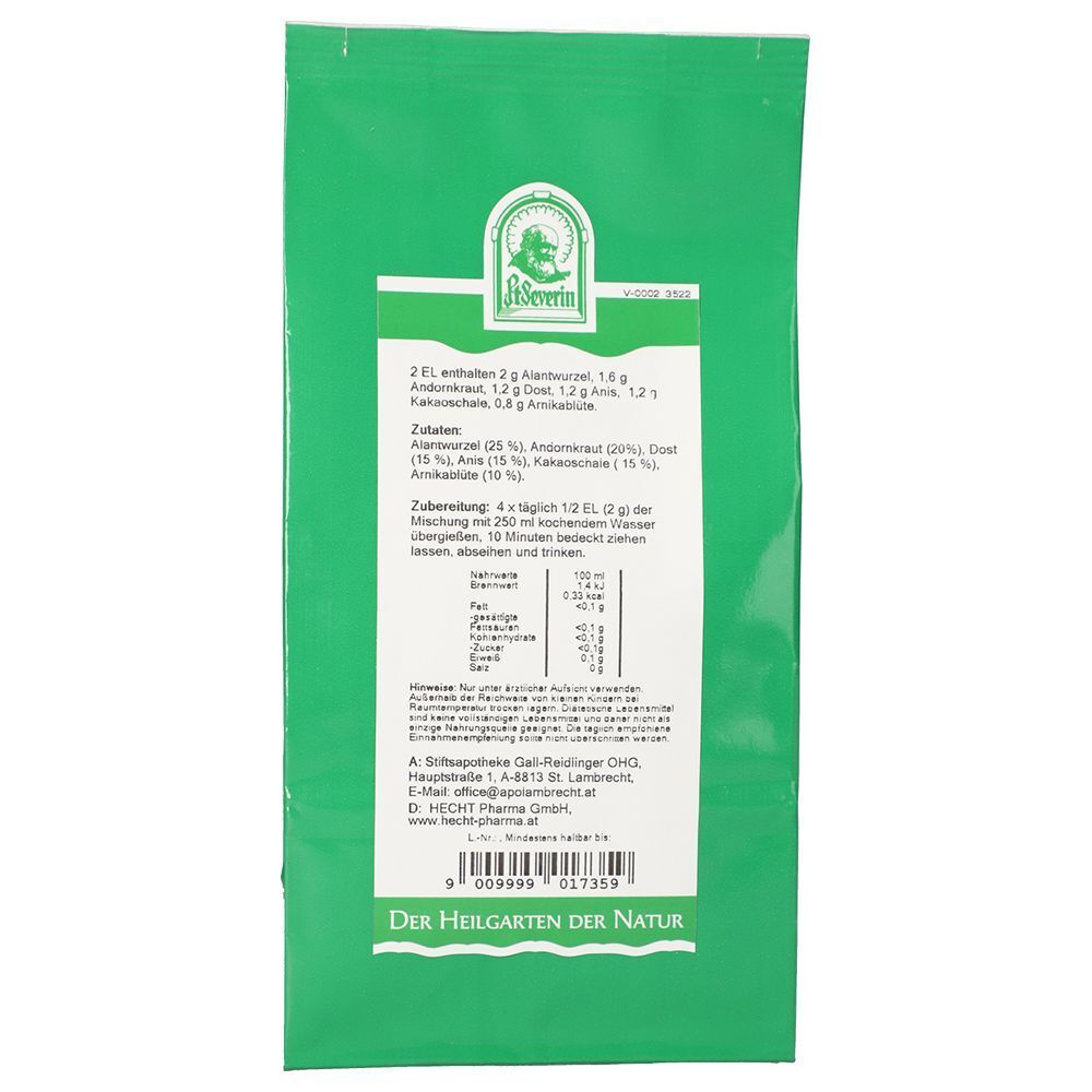 Grüner Beutel "Asthmatee St. Severin" mit 70g Inhalt. Rückseite mit Zubereitungs- und Anwendungshinweisen.