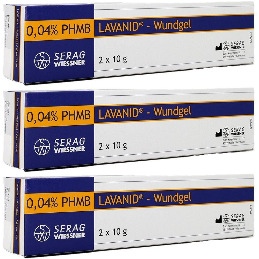 Drei Packungen LAVANID® Wundgel 0,04% PHMB, je 2x10g. Marke: SERAG WIESSNER.