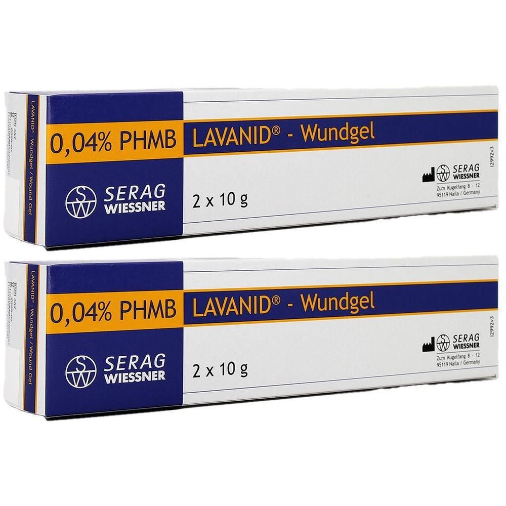 Zwei Packungen LAVANID® Wundgel, je 10g. Enthält 0,04% PHMB. Marke: SERAG WIESSNER.