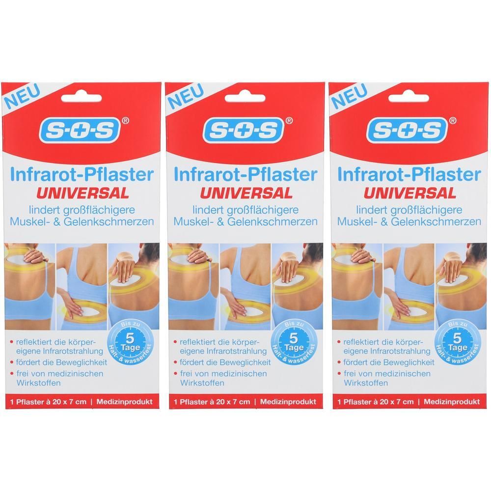 Drei Packungen SOS Infrarot-Pflaster Universal 7x20cm. Zeigt Anwendung am Rücken und Nacken.