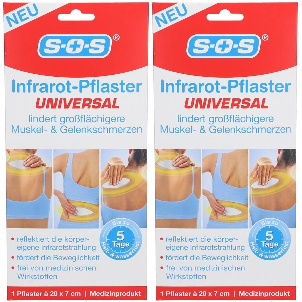 Zwei Packungen SOS Infrarot-Pflaster Universal. Zeigt Anwendung am Rücken und Nacken. 1 Pflaster à 20 x 7 cm.