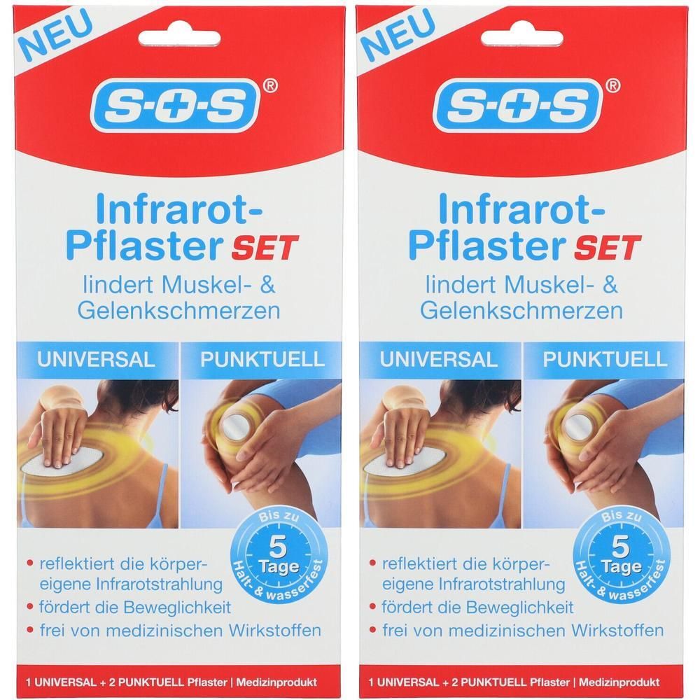 Zwei Packungen SOS Infrarot-Pflaster Set Universal und Punktuell. Zeigt Anwendung an Nacken und Knie.