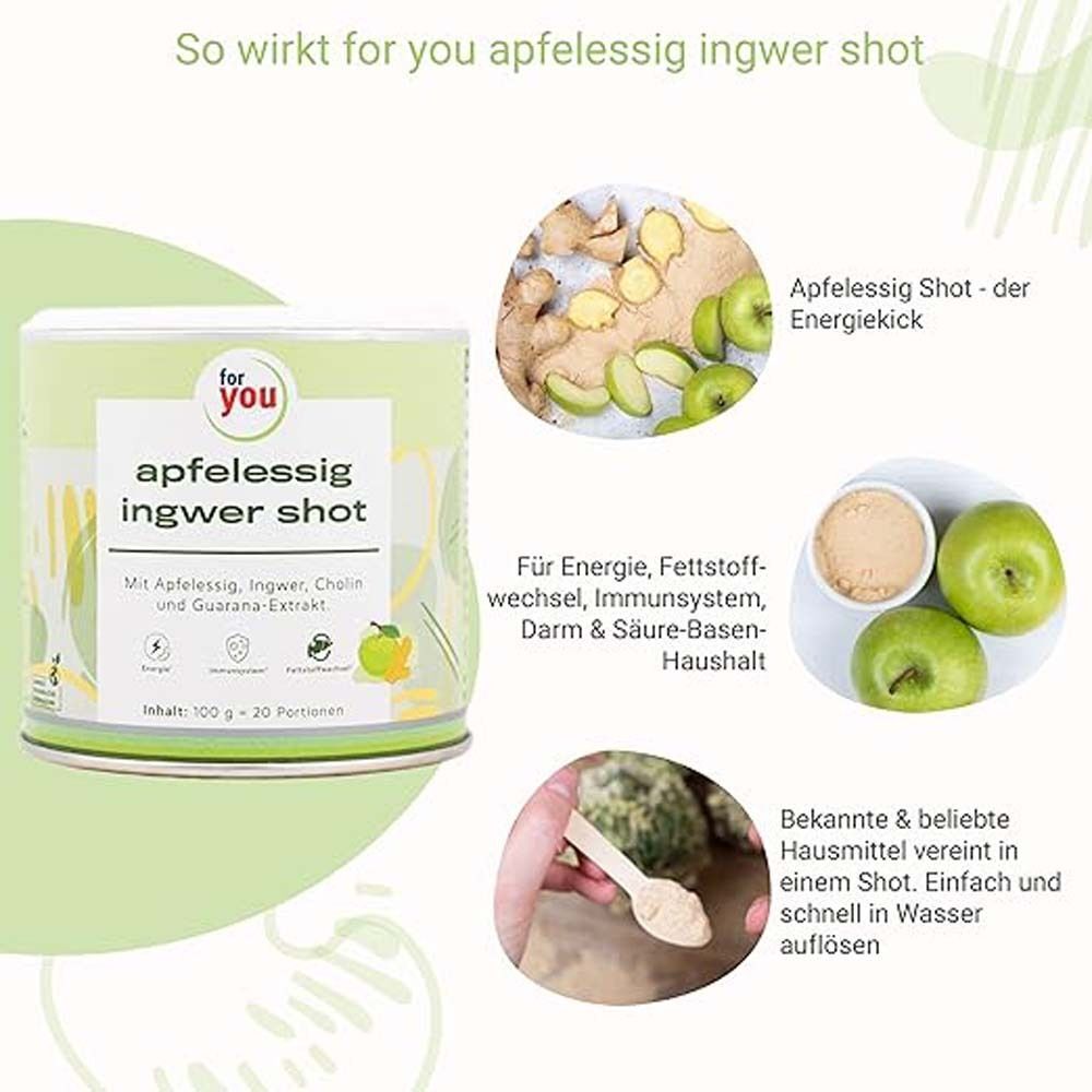 Eine Dose Apfelessig Ingwer Shot von for you, mit Infografiken zu Wirkung und Inhaltsstoffen.