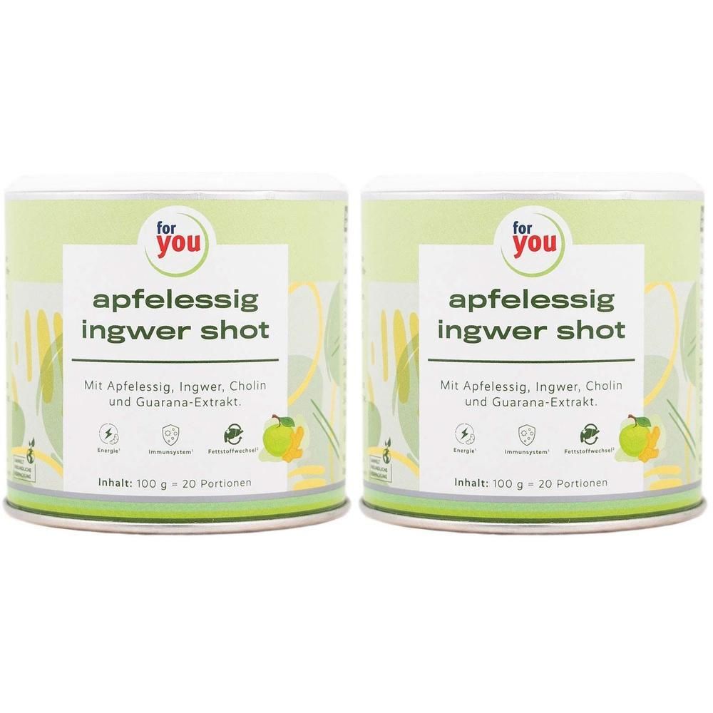 Zwei Dosen Apfelessig Ingwer Shot von for you mit detaillierter Produktinformation auf dem Etikett.