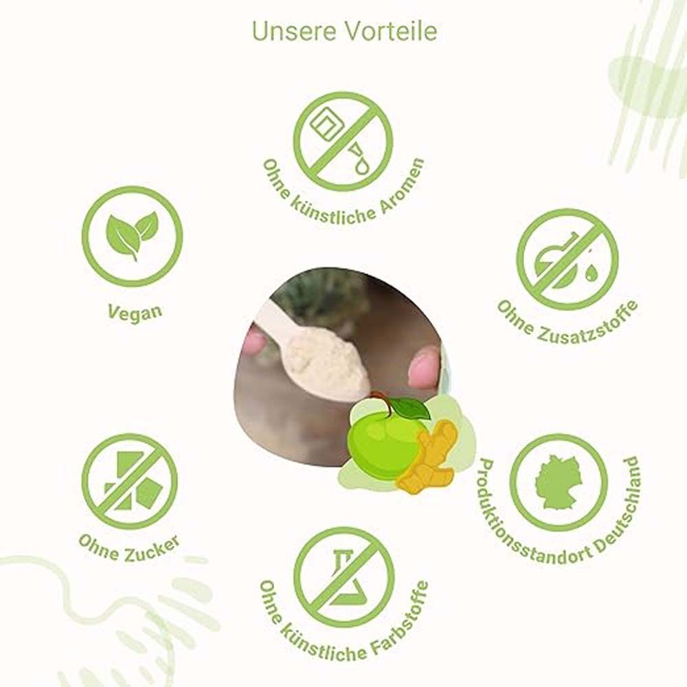 Übersicht der Vorteile von for you Apfelessig Ingwer Shot: Vegan, ohne Zusatzstoffe, Zucker, Farbstoffe, Aromen. Aus Deutschland.