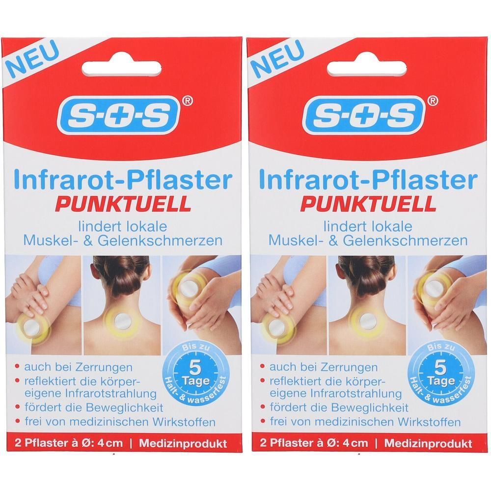 Zwei Packungen SOS Infrarot-Pflaster, 4 cm Durchmesser, Medizinprodukt.