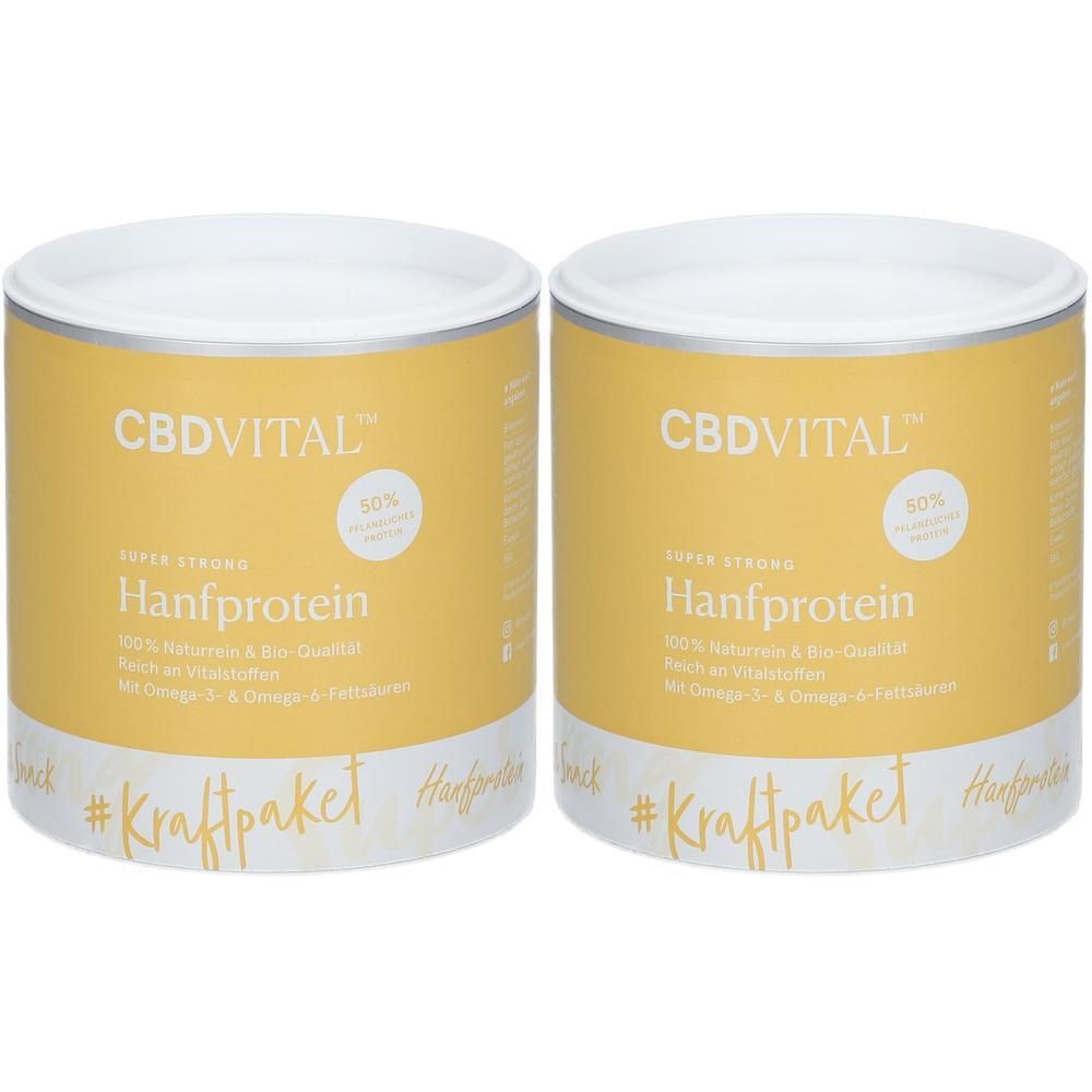 Zwei Dosen CBDVITAL BIO Hanfprotein Super Strong. Gelbe Dosen mit weißem Deckel und Aufdruck.