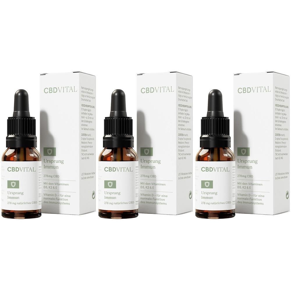 Drei Flaschen CBD Ursprung IMMUN Tropfen mit Pipetten und Verpackungen.