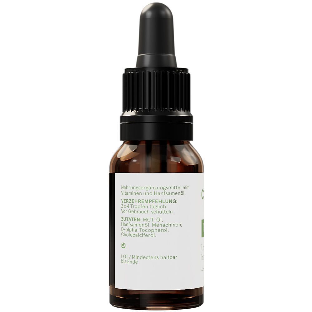 Rückseite einer Flasche CBD Ursprung IMMUN Tropfen mit Zutatenliste und Anwendungshinweisen.