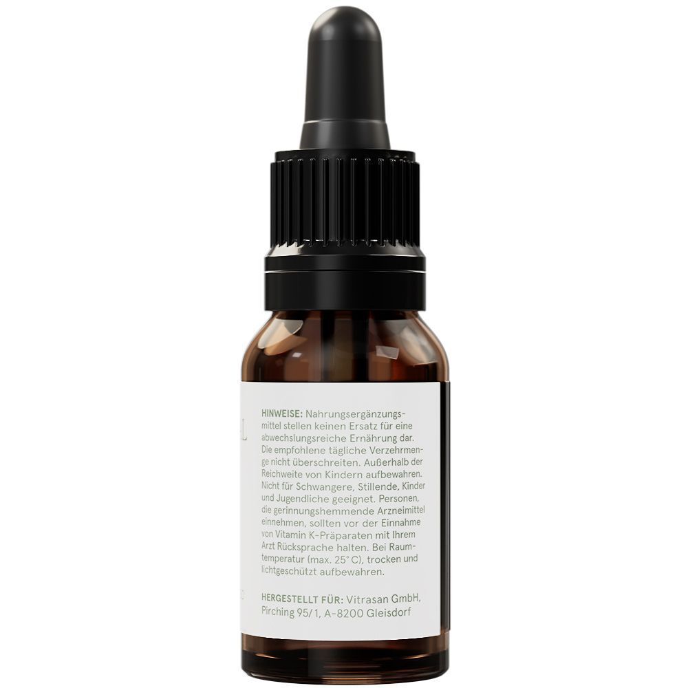 Rückseite einer Flasche CBD Ursprung IMMUN Tropfen mit Hinweisen zur Herstellung und Haltbarkeit.