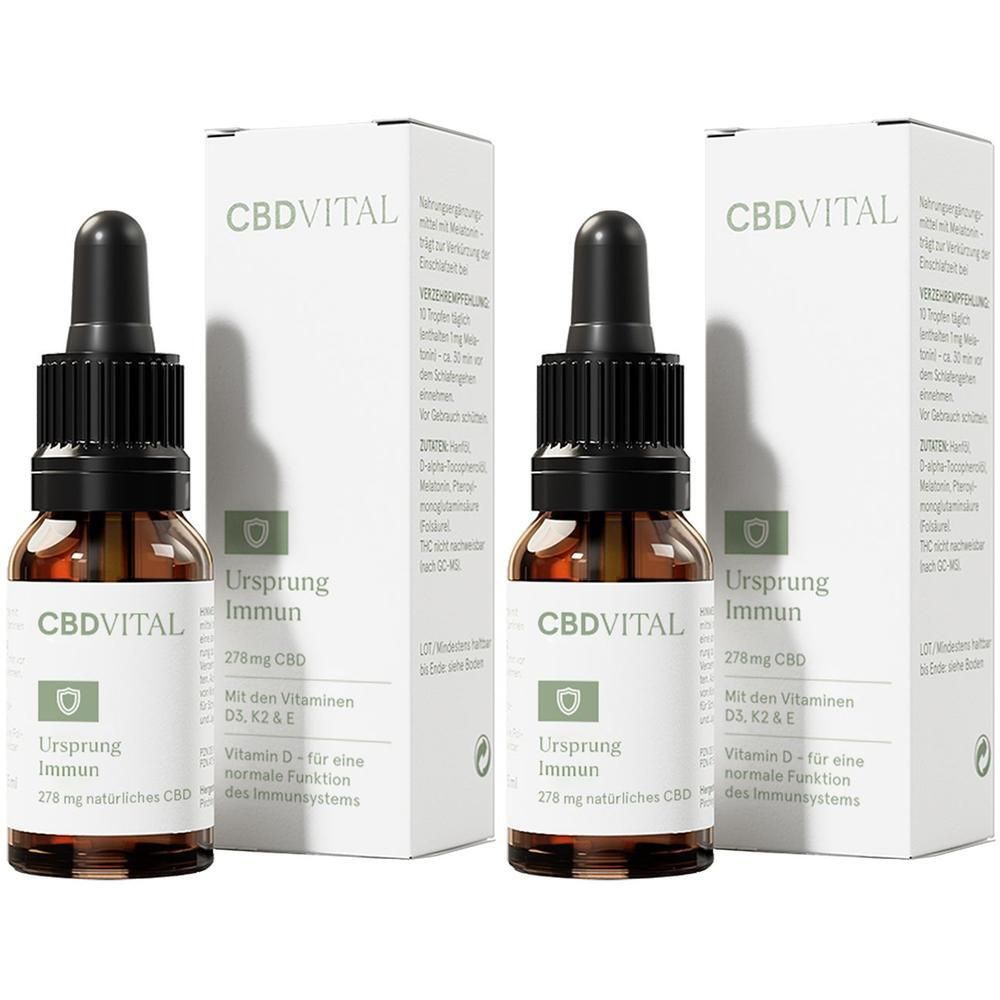 Zwei Flaschen CBD VITAL Ursprung IMMUN Tropfen mit Pipetten und Umverpackungen.