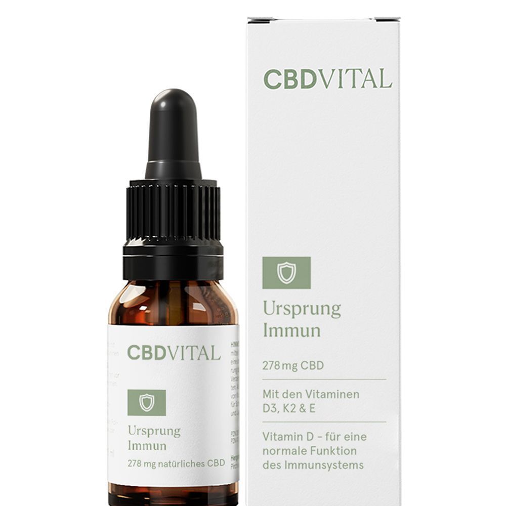 Flasche CBD VITAL Ursprung IMMUN Tropfen mit Pipette und Umverpackung.