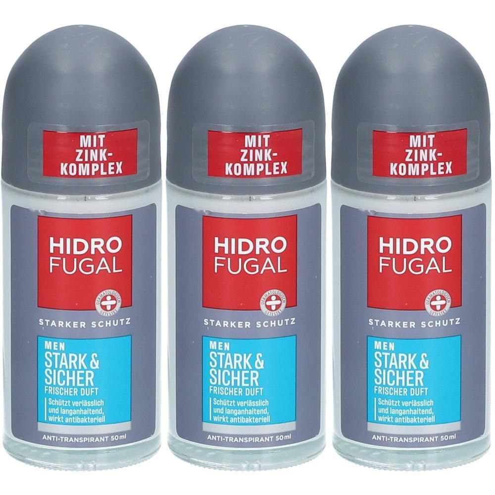 Drei HIDRO FUGAL Roll-on Deodorants für Männer mit Zink-Komplex. Stark & Sicher, frischer Duft.