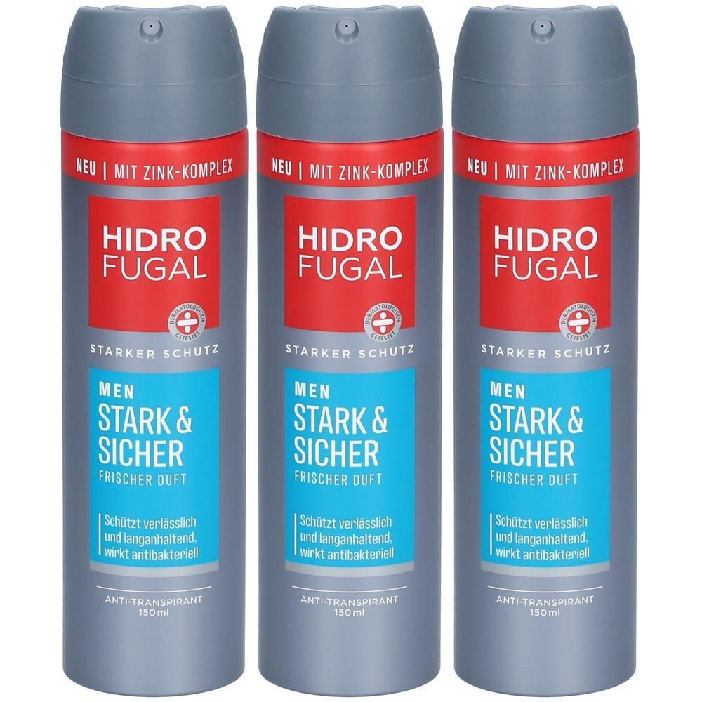 Drei Hidrofugal Men Stark & Sicher Anti-Transpirant Sprays mit Zink-Komplex.