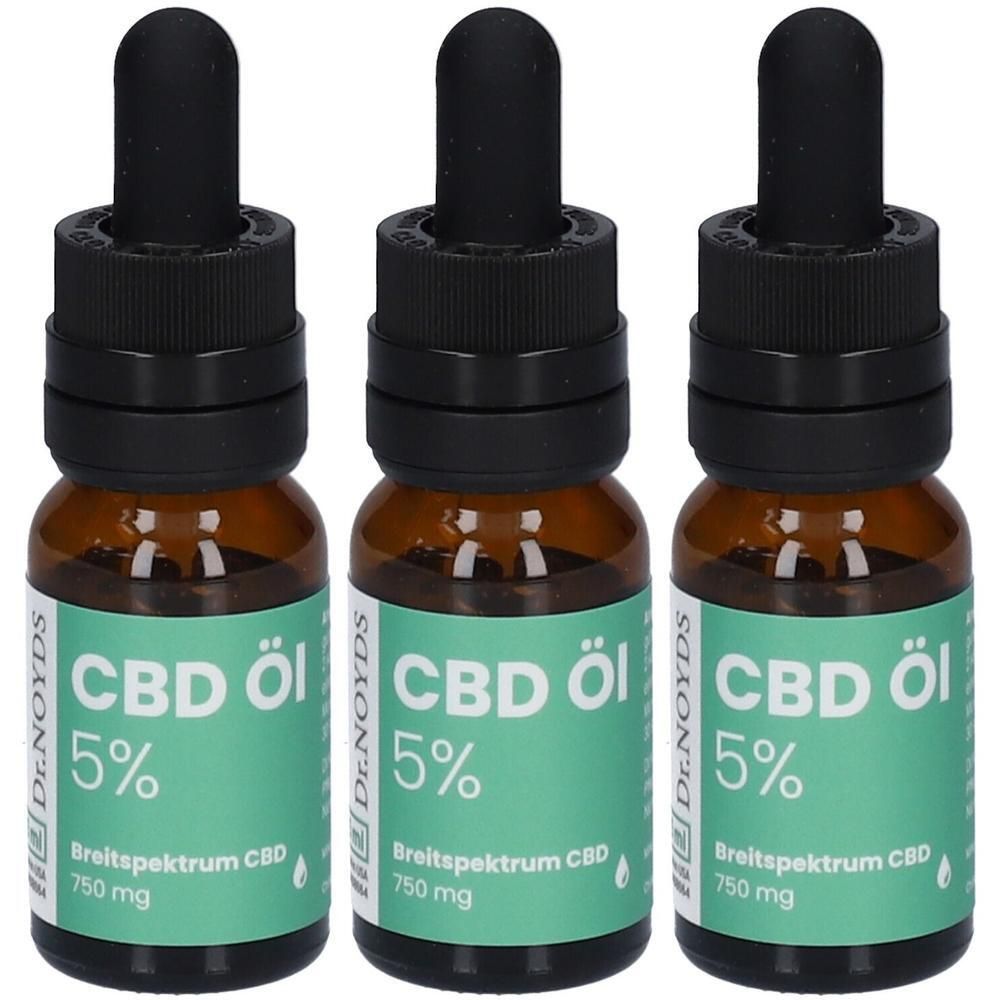 Drei Flaschen Dr. NOYDS CBD Öl 5% Breitsprektrum CBD 750 mg mit Pipettenverschluss.