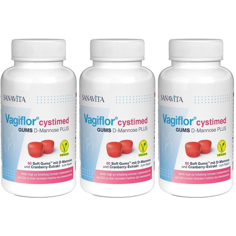 Drei Flaschen Vagiflor cystimed GUMS D-Mannose PLUS. Rote Gummis sind sichtbar. Vegan-Siegel.