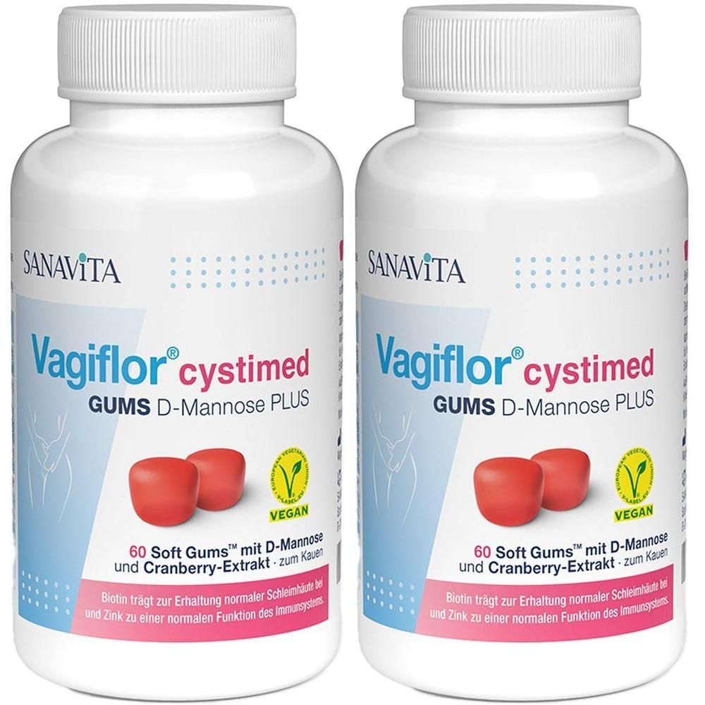 Zwei Behälter Vagiflor® cystimed Gums D-Mannose Plus. Zeigt 60 Gums mit D-Mannose und Cranberry-Extrakt.