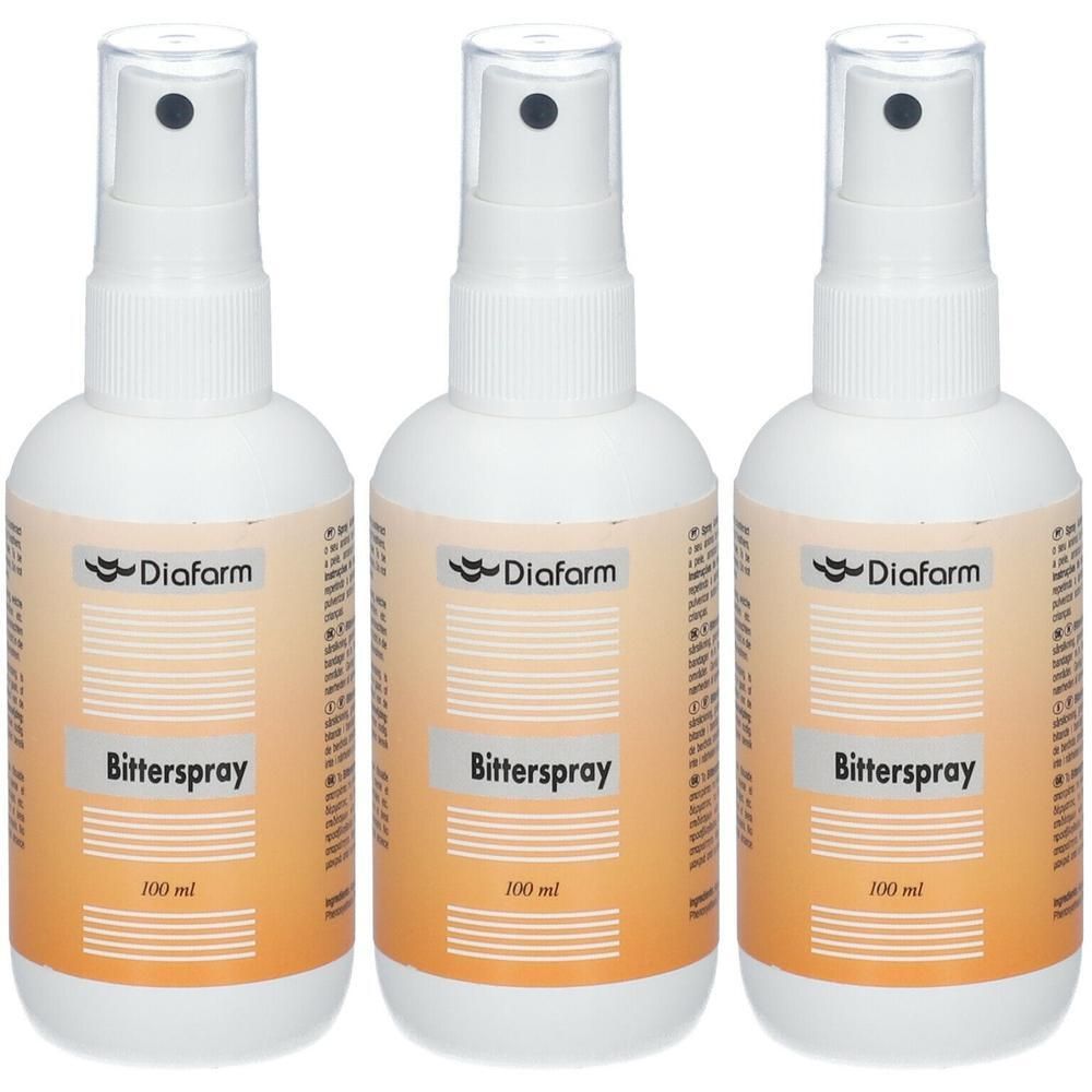 Drei Diafarm Bitterspray Flaschen mit je 100 ml Inhalt und Sprühkopf.