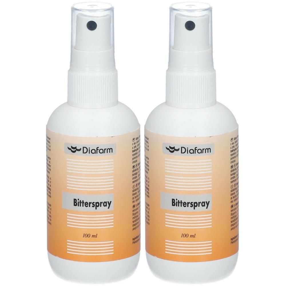 Zwei Diafarm Bitterspray Flaschen mit je 100 ml Inhalt. Weiße Sprühflaschen mit orangefarbenem Etikett.