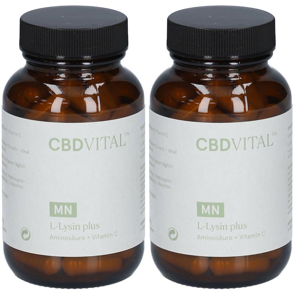 Zwei Flaschen CBDVITAL L-Lysin plus Aminosäure + Vitamin C Kapseln.