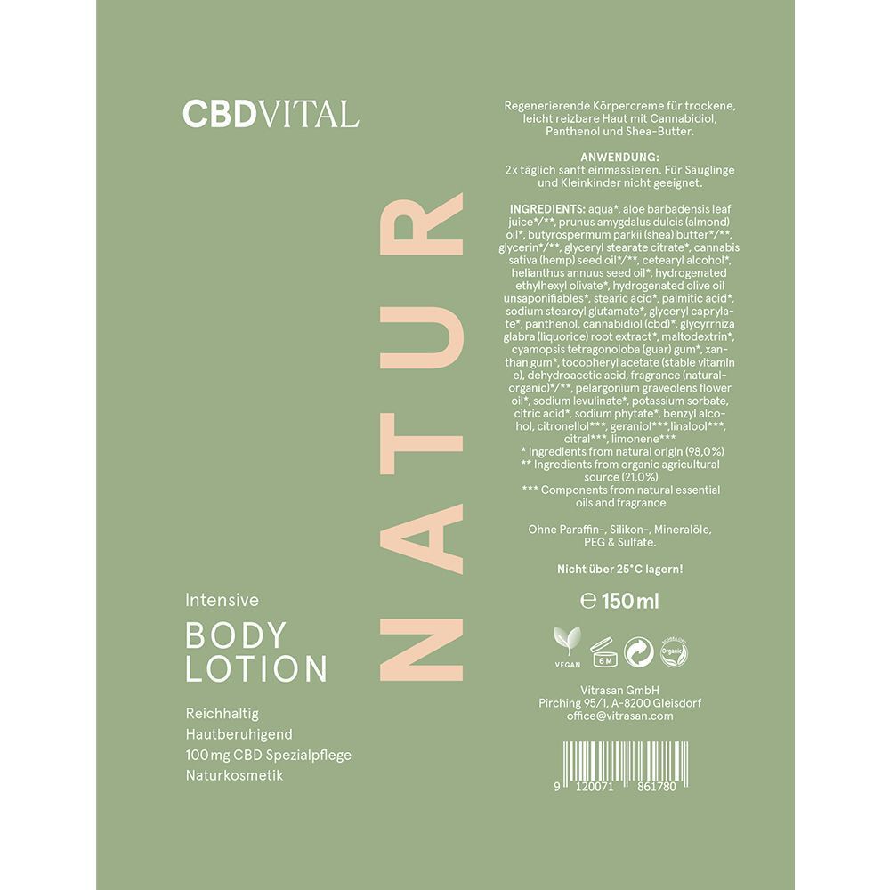 Grüne Tube CBD VITAL Intensive Body Lotion mit detaillierter Produktinformation und Inhaltsstoffen.
