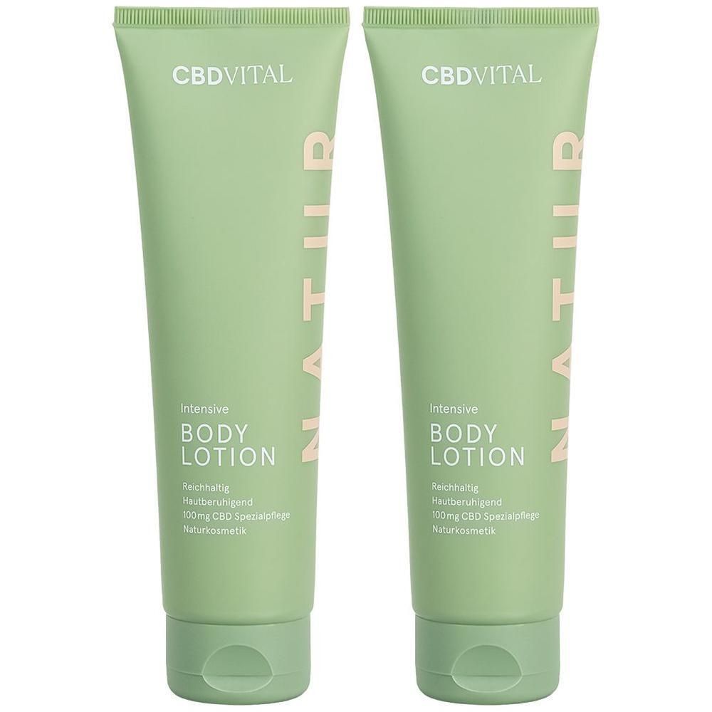 Zwei grüne Tuben CBD VITAL Intensive Body Lotion mit weißer Schrift.