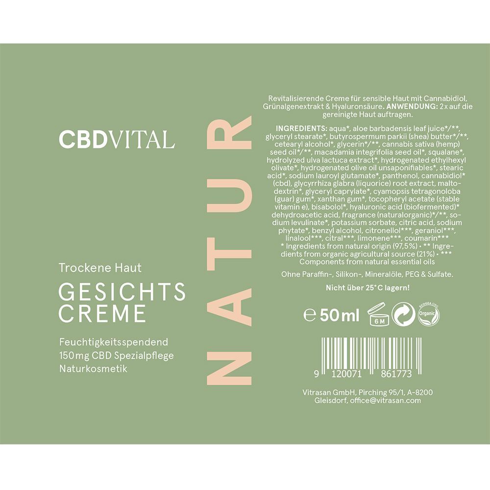 Grüne Tube CBD VITAL Gesichtscreme für trockene Haut, 50ml.
