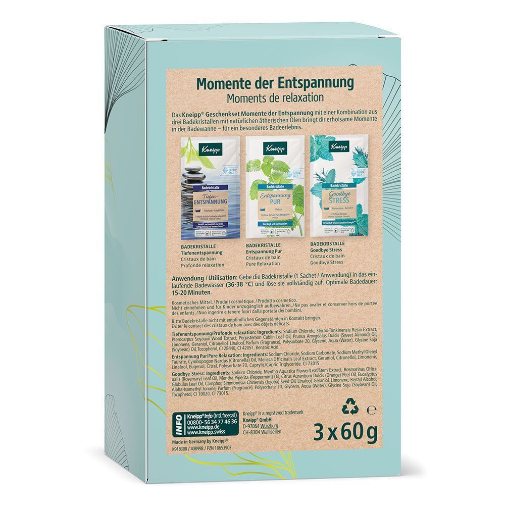 Rückseite einer Kneipp® Geschenkset Momente der Entspannung Packung mit Produktabbildungen und Text.